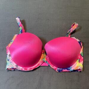 Victoria's Secret PINK Flirt Push-Up Womens 36D Pink Padded Lace Colorful Bright
